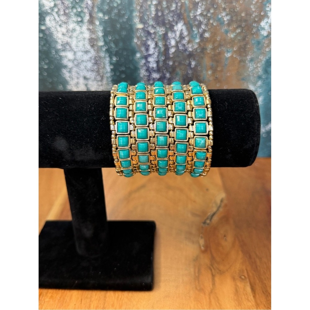 Western Boho Faux Turquoise Gold-Tone Stretch Cuff Bracelet VGUC - Picture 2 of 9